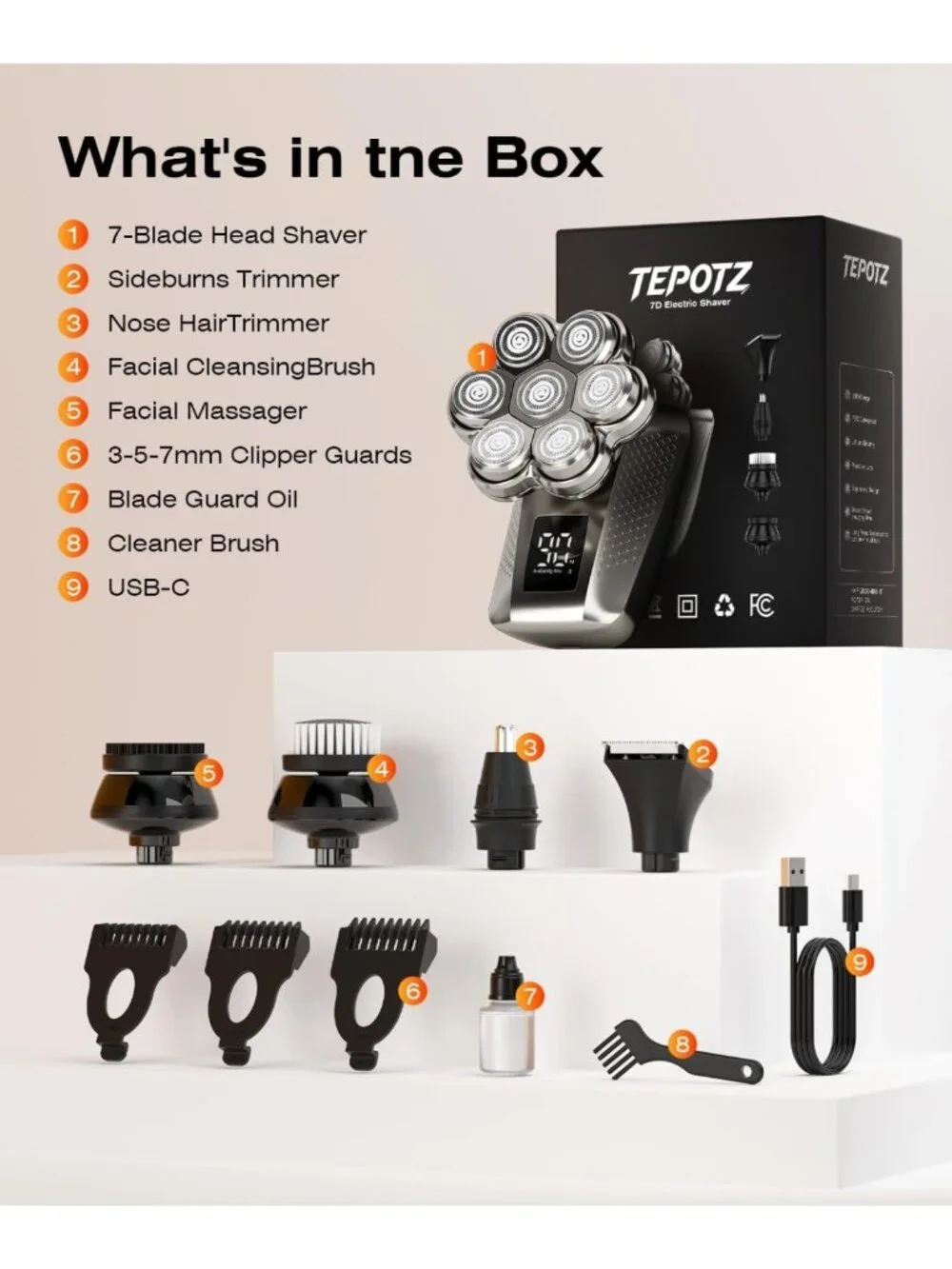 Waterproof 7D Electric Head Shaver for Bald Men, 5-in-1 Grooming Kit